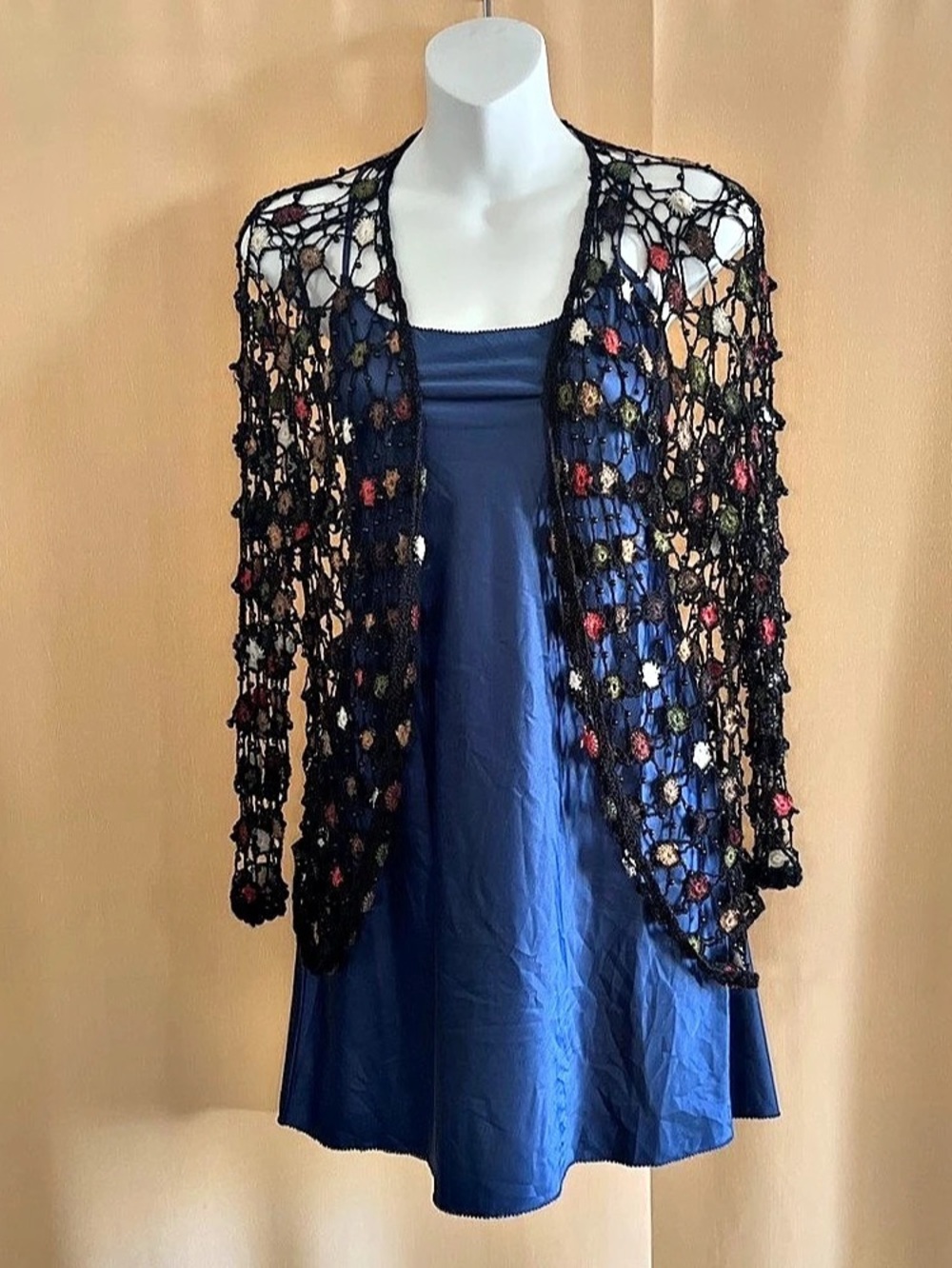 Floral Crochet Open-Front Shrug in Black & Multicolor